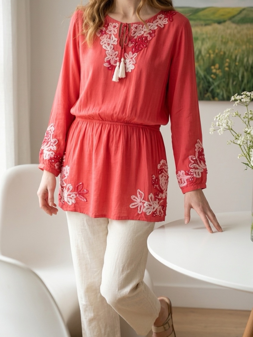 Soft Surroundings Embroidered Peasant Tunic Top Tassel Tie Elastic Waist Medium